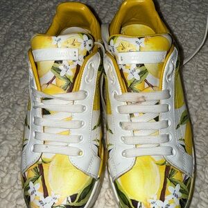Dolce & Gabbana White and Yellow Lemon-Print Leather Sneakers - Women